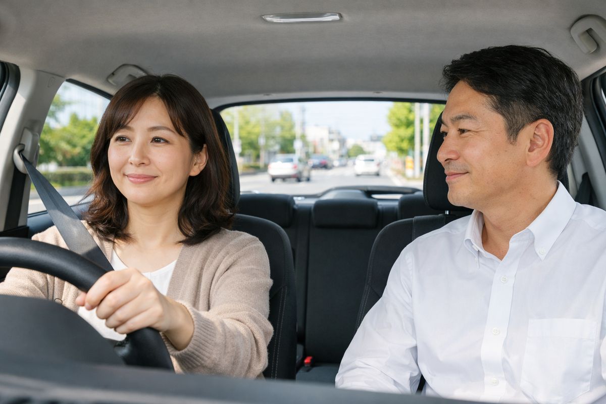 標識とミラーと車線の確認を落ち着いて行い安定して走行できるようになるイメージ