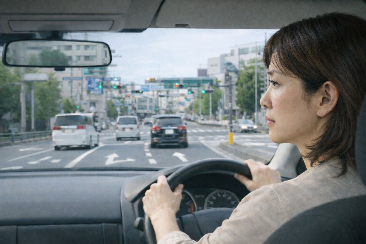 標識や車線情報が多い交差点手前で、何を見ればよいか迷って緊張してしまう状況
