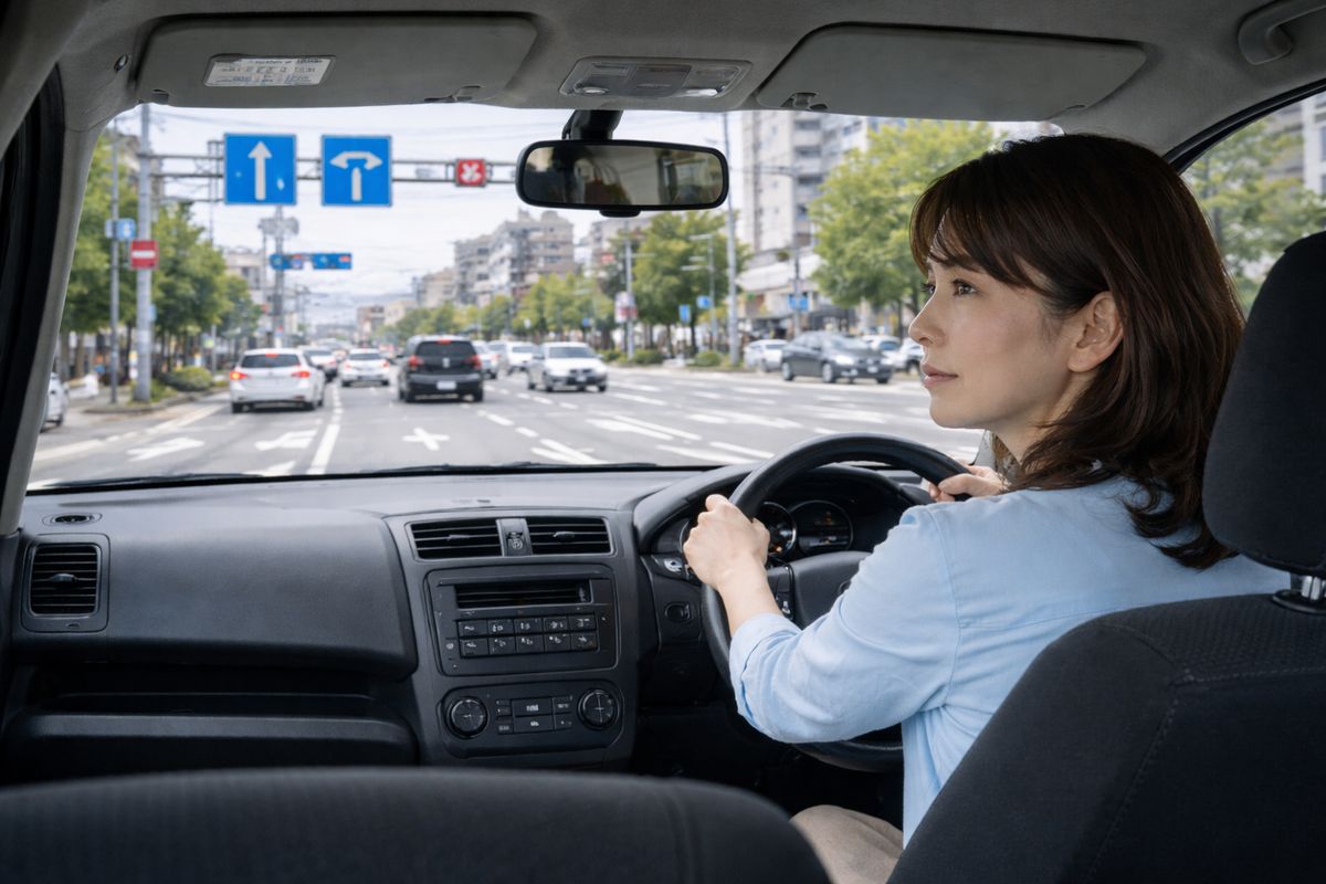 標識や車線が多い交差点手前で判断に迷い、焦りが出てしまう状況