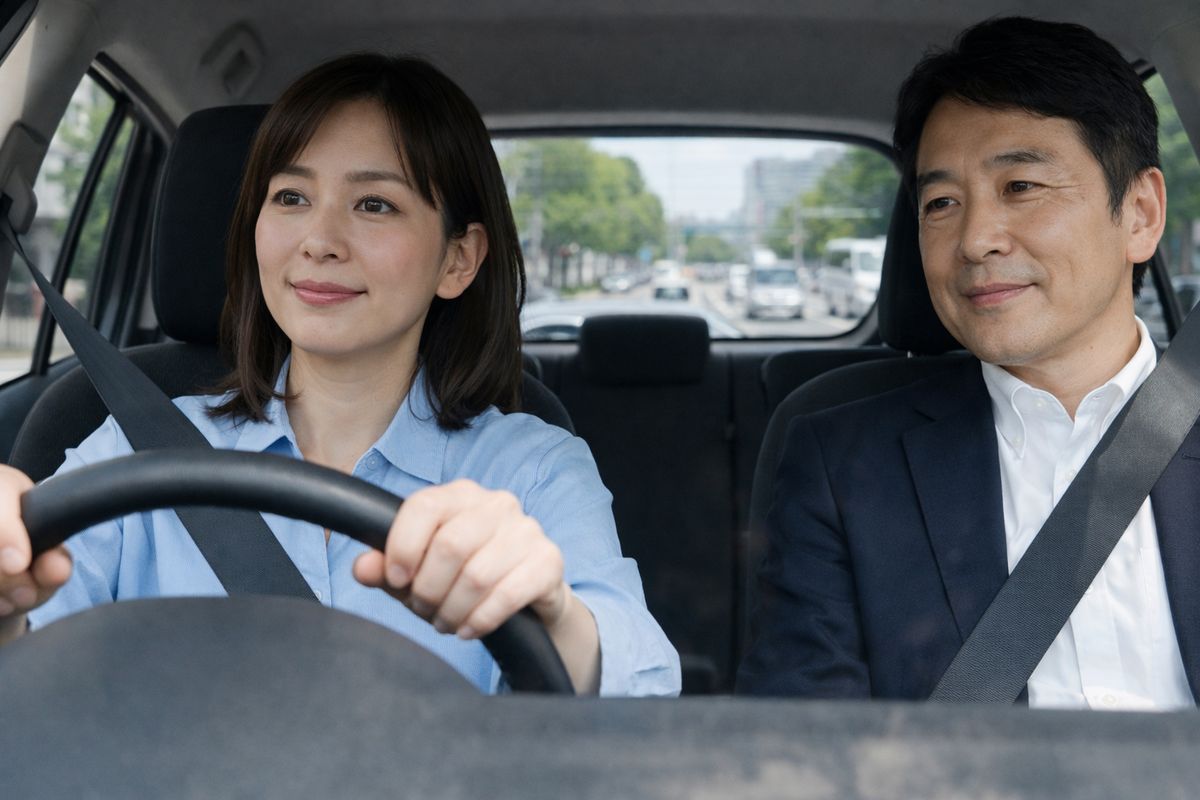 インストラクター同乗で視線と確認の順番を整え、落ち着いて安定走行できている様子