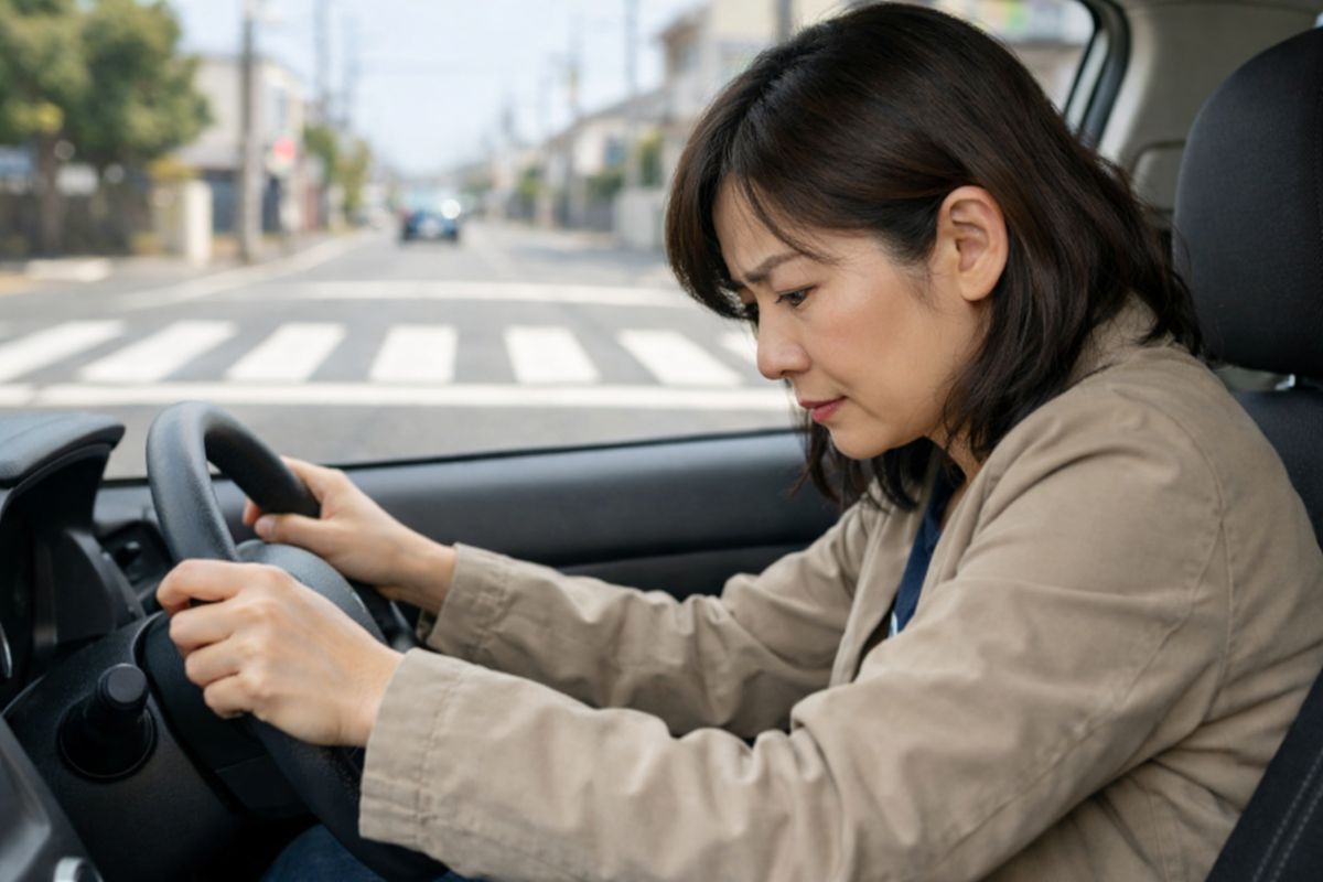 停止線が近づく中で減速開始が遅れ、ブレーキを踏み足してしまいそうな緊張が出ている状況
