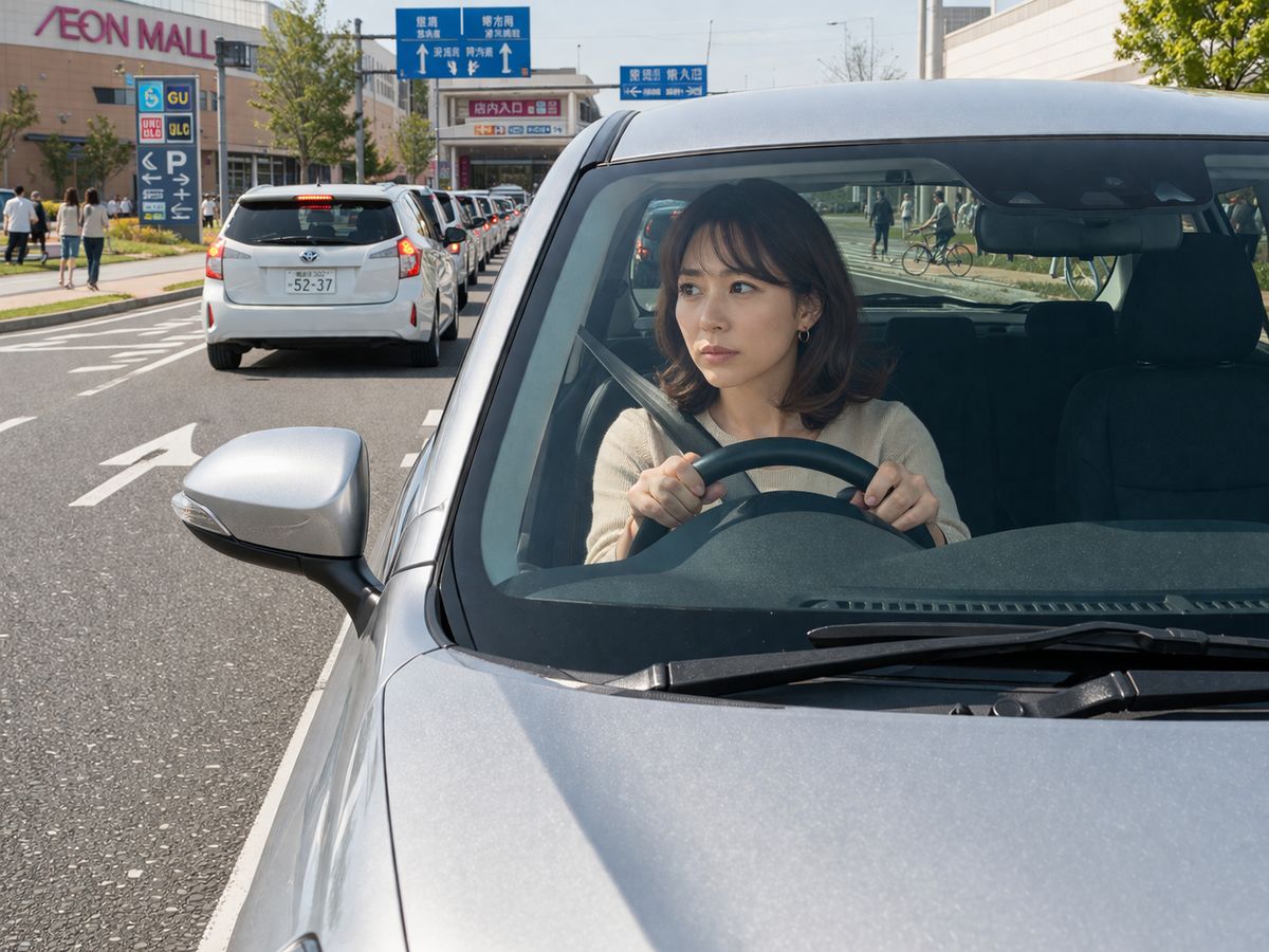 混雑したショッピングモール周辺道路で視線の置き場に迷いやすい状況