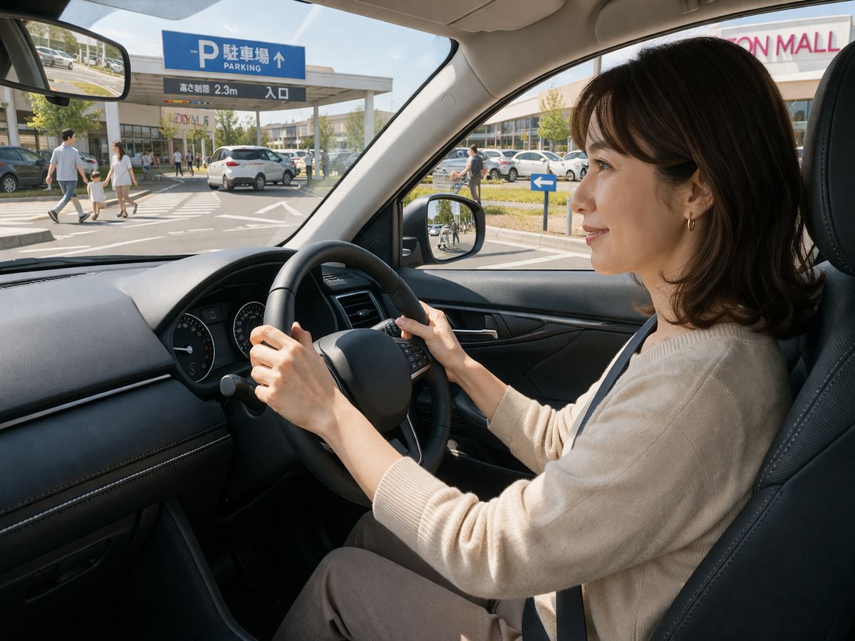ショッピングモール周辺の混雑道路や駐車場内を落ち着いて走れるようになる練習のイメージ