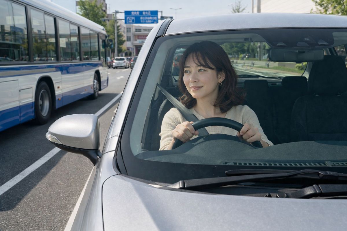 大型車の横でも前方を見ながら車線中央を落ち着いて保てている運転の様子