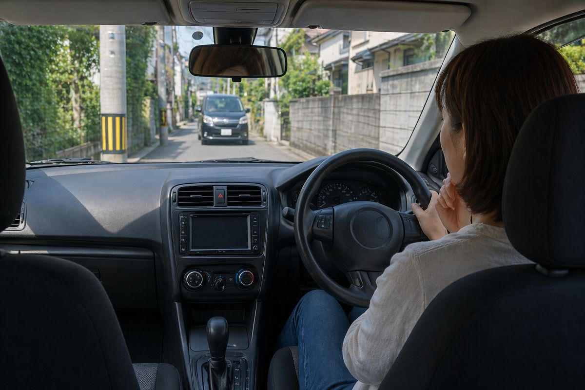 住宅街で対向車に気づき判断が遅れる場面