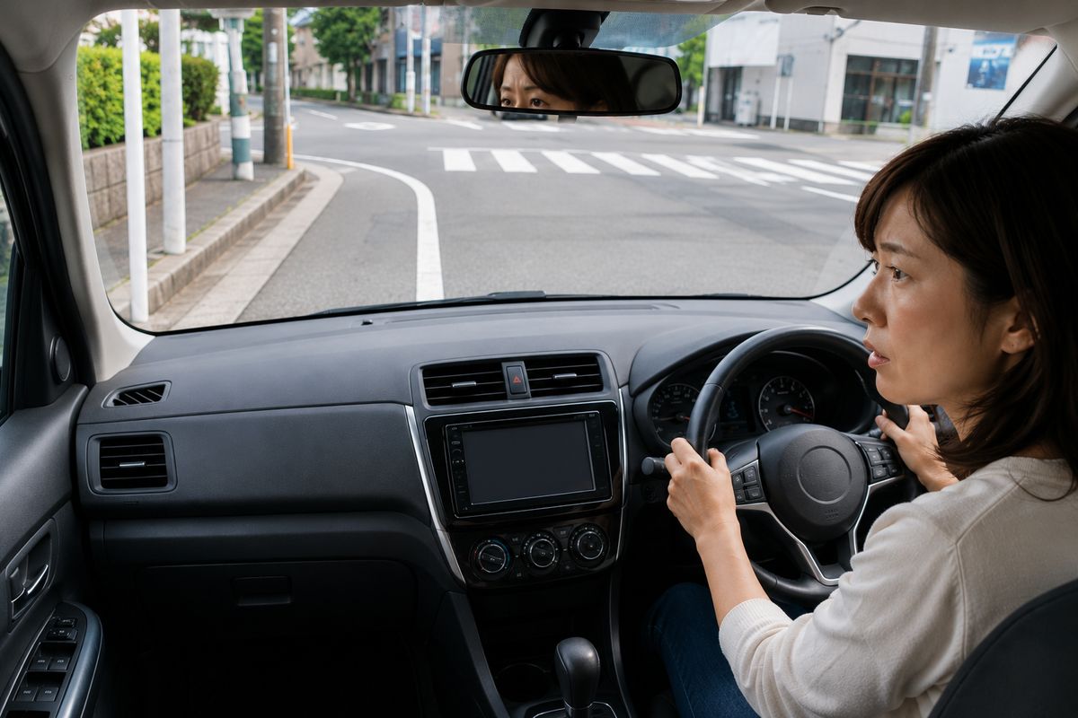 右左折で近くを見すぎて車が膨らみそうになっている様子