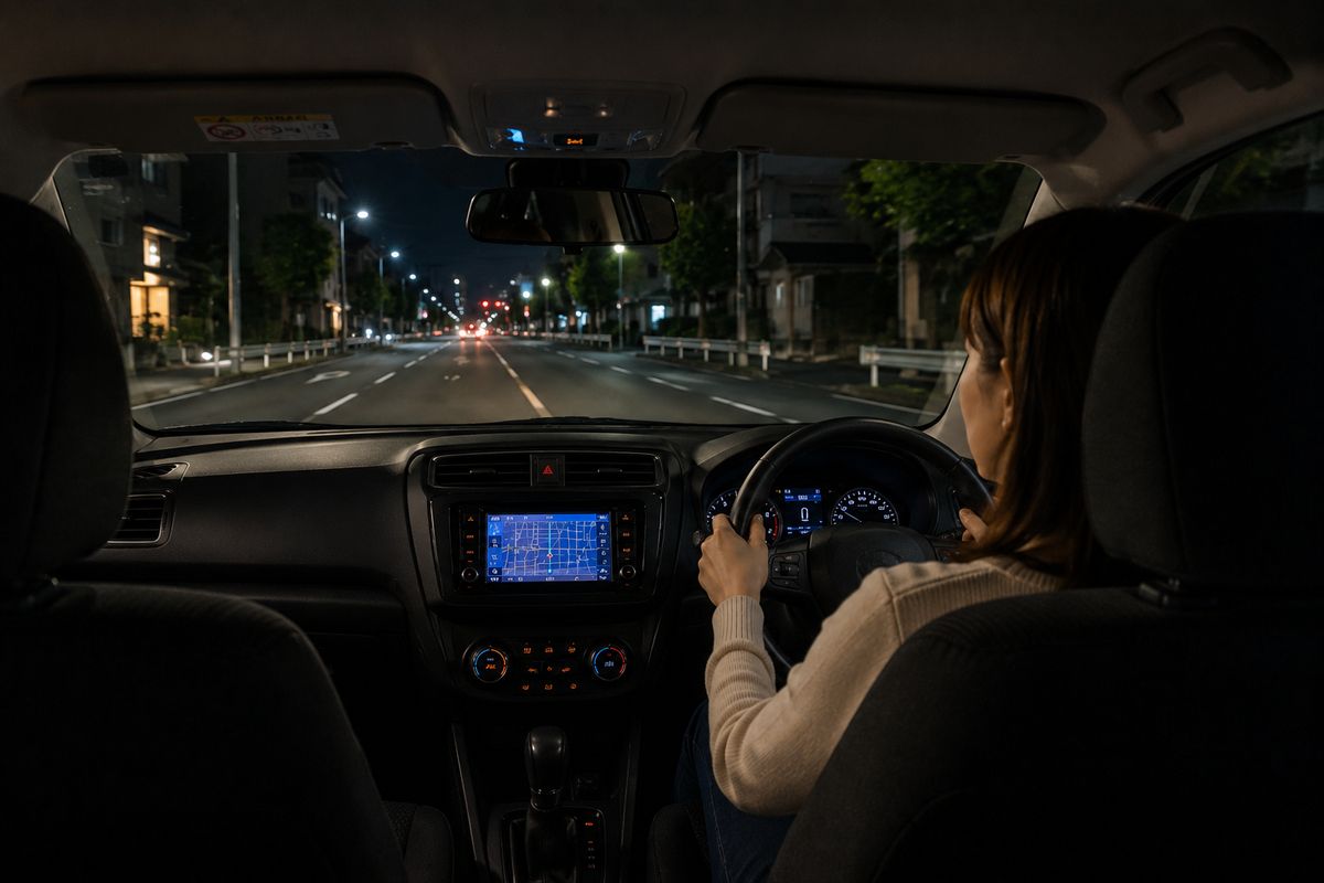 夜道で落ち着いて前方を確認しながら運転している様子