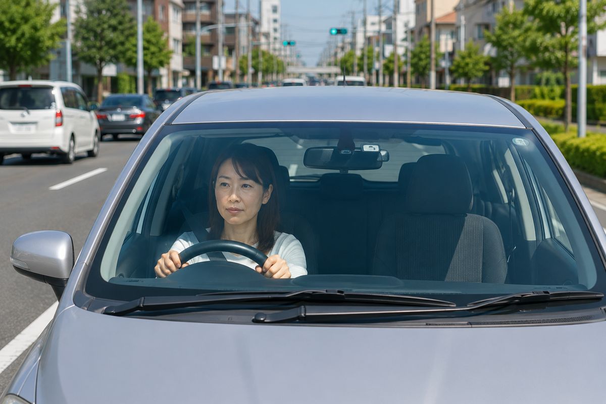 周囲の流れを確認しながら落ち着いて前方を見て運転している様子