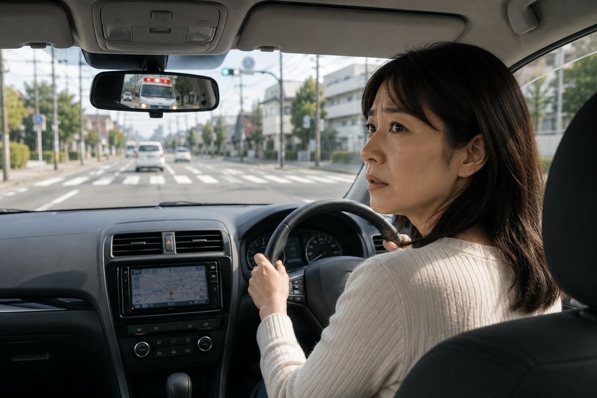 後ろから救急車が近づき、どこへ避ければよいのか迷いながら運転している状況