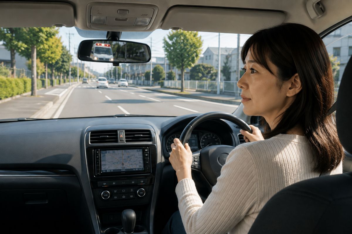 前方の安全な停車位置を見つけて、落ち着いて道路の左側へ寄ろうとしている様子