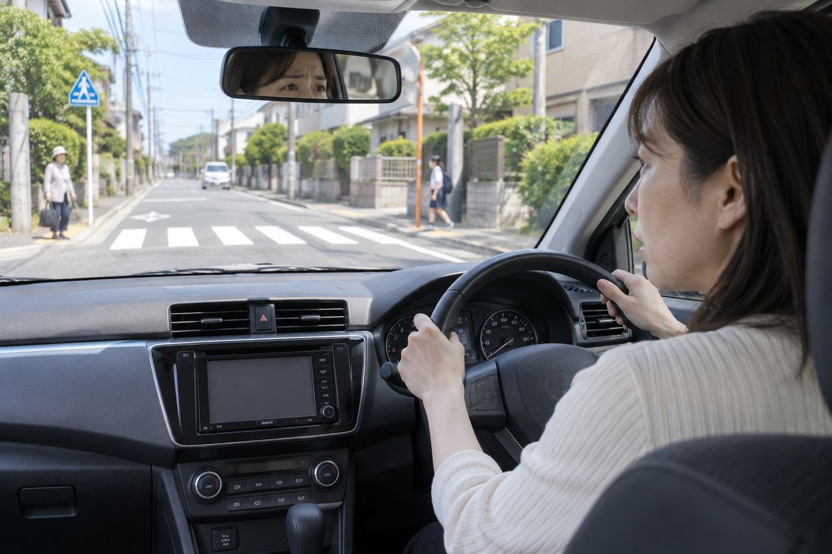 信号のない横断歩道の直前で歩行者の確認が遅れ、不安を感じている場面
