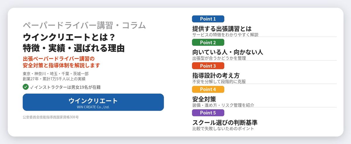 ウインクリエートとは？出張ペーパードライバー講習の特徴・実績・選ばれる理由